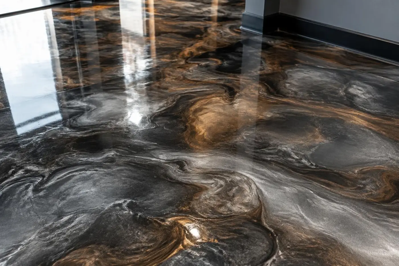 Metallic epoxy floor with silver and bronze swirls